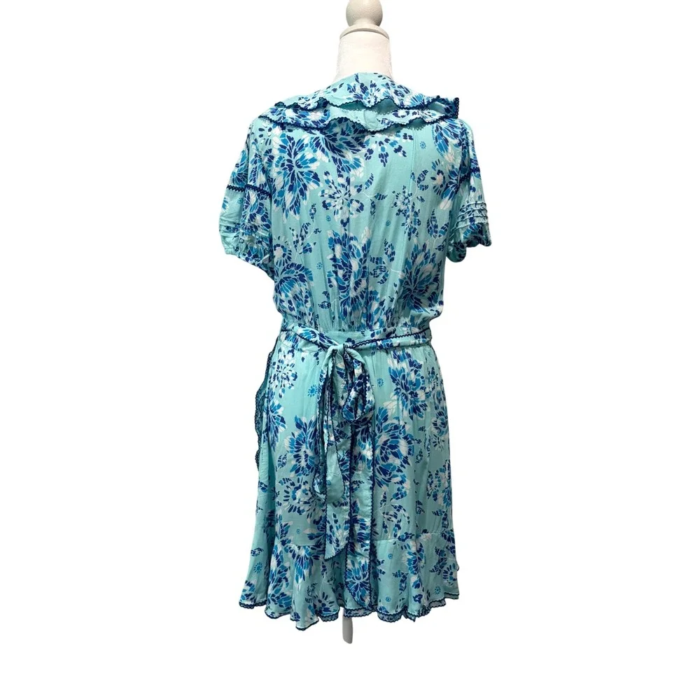 Poupette St Barth Aude‎ Mini Wrap Dress Womens Large Blue Floral Ruffle Viscose